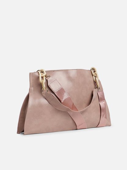 Pink Solid Vegan Leather Handbag With Pouch Set