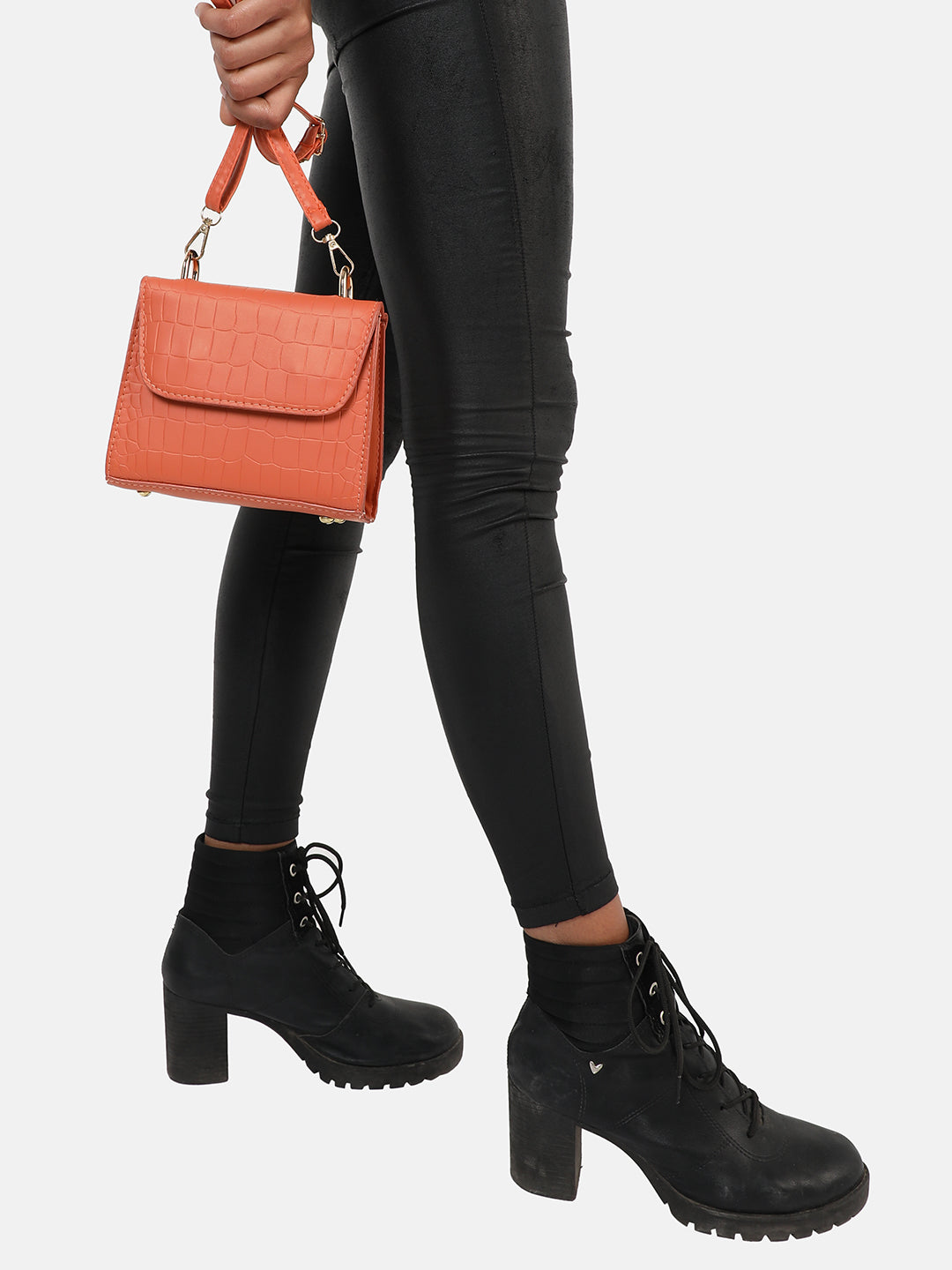 Orange Solid Vegan Leather Sling Bag