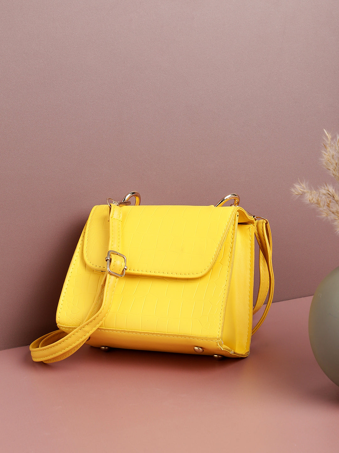 Yellow Solid Vegan Leather Sling Bag