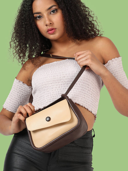 Beige Solid Vegan Leather Sling Bag