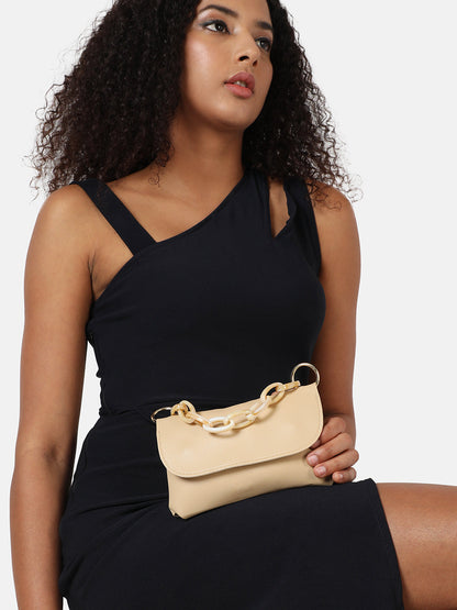 Beige Solid Vegan Leather Handbag