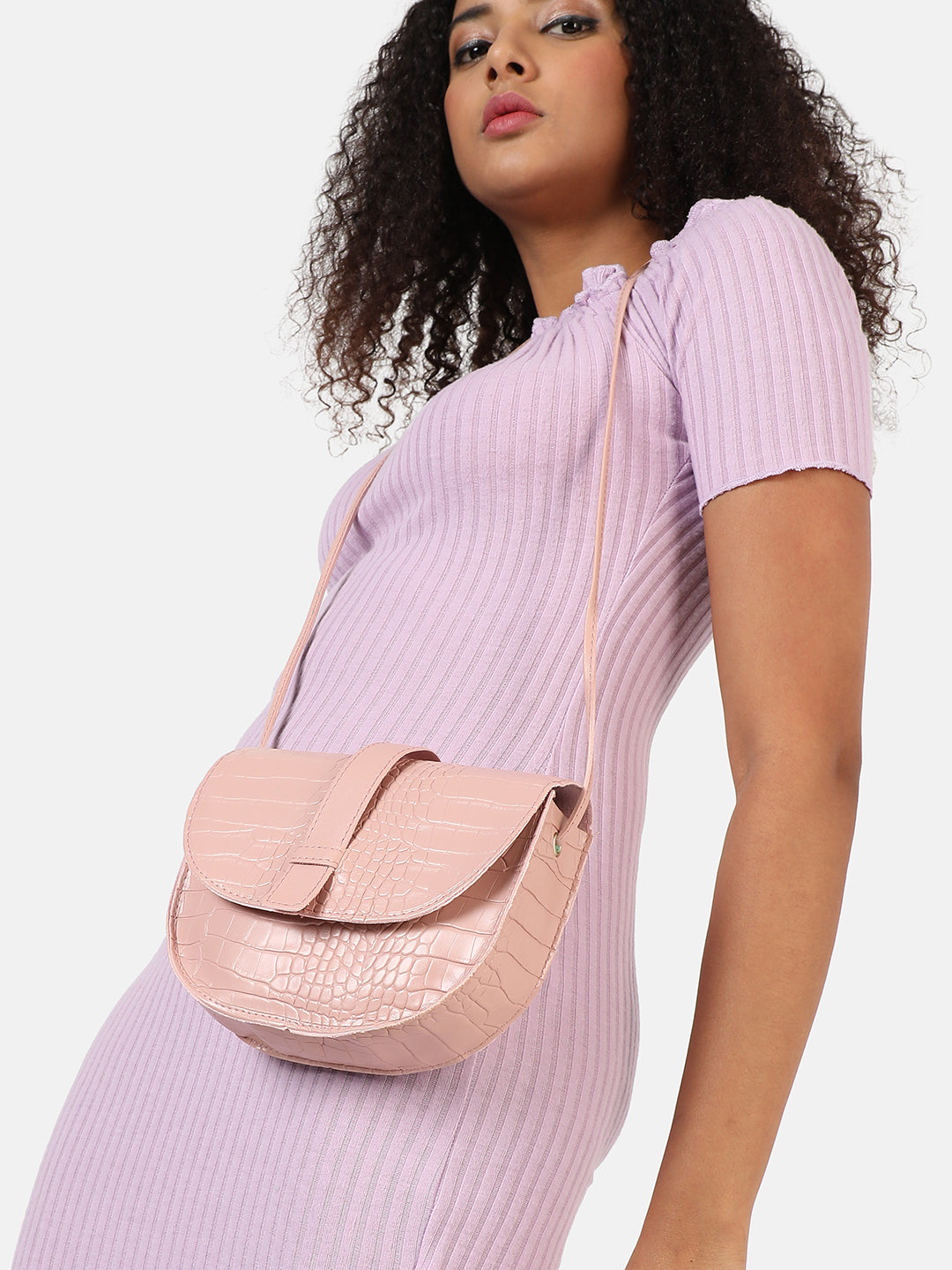 Pink Textured Vegan Leather Sling Bag