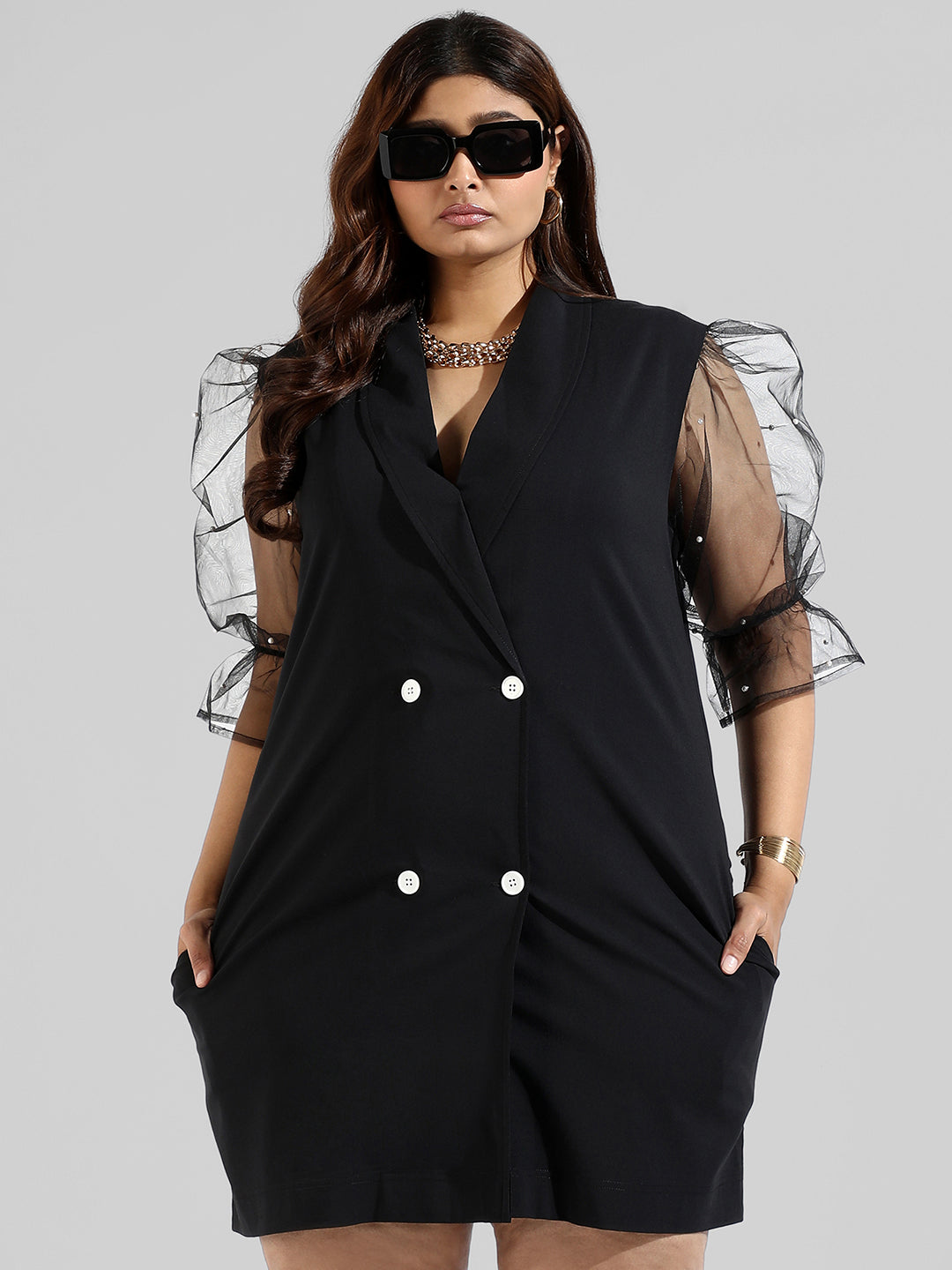 Solid Net Sleeve Stylish Casual Dresses