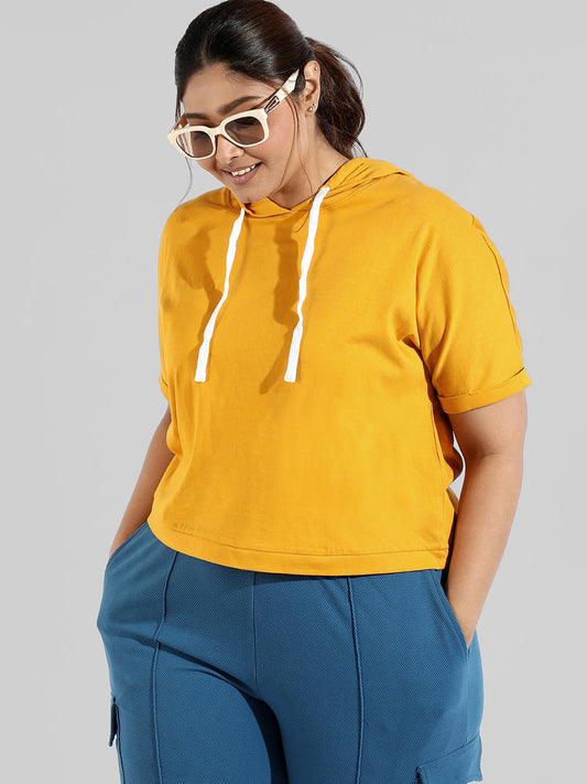Solid Stylish Half Sleeve Hooded Neck Top