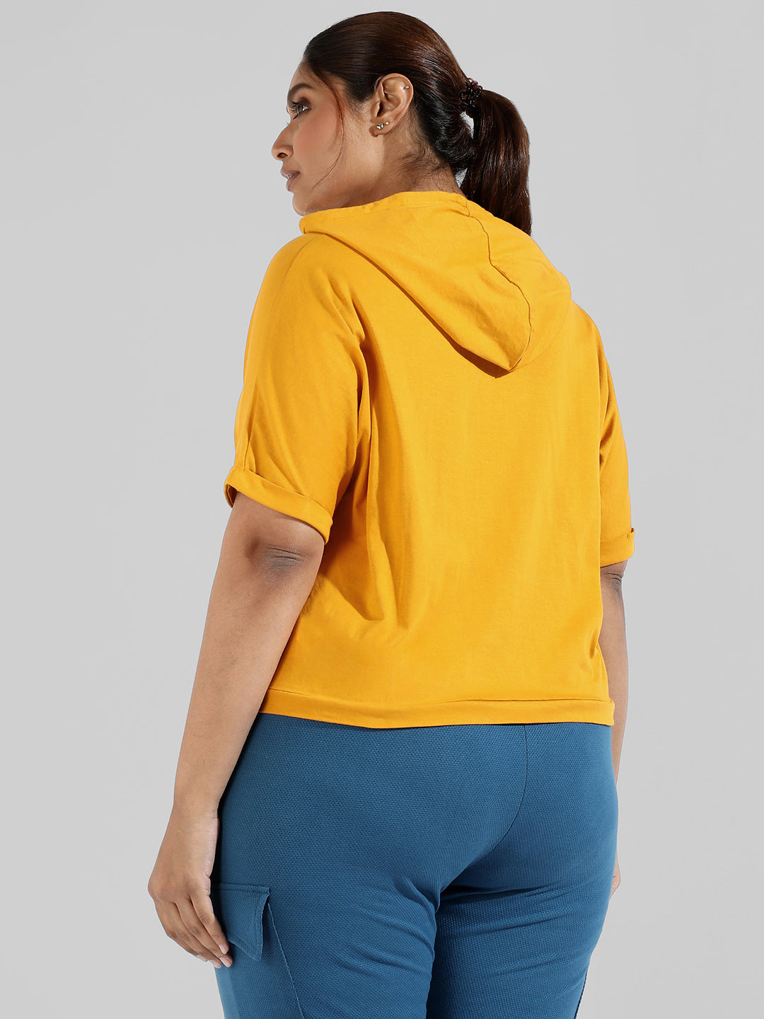 Solid Stylish Half Sleeve Hooded Neck Top