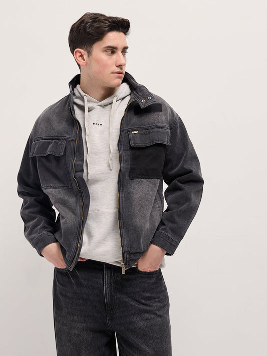 Charcoal Grey Denim Jacket with Mock Collar and Multiple Pockets