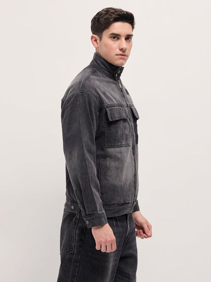 Charcoal Grey Denim Jacket with Mock Collar and Multiple Pockets
