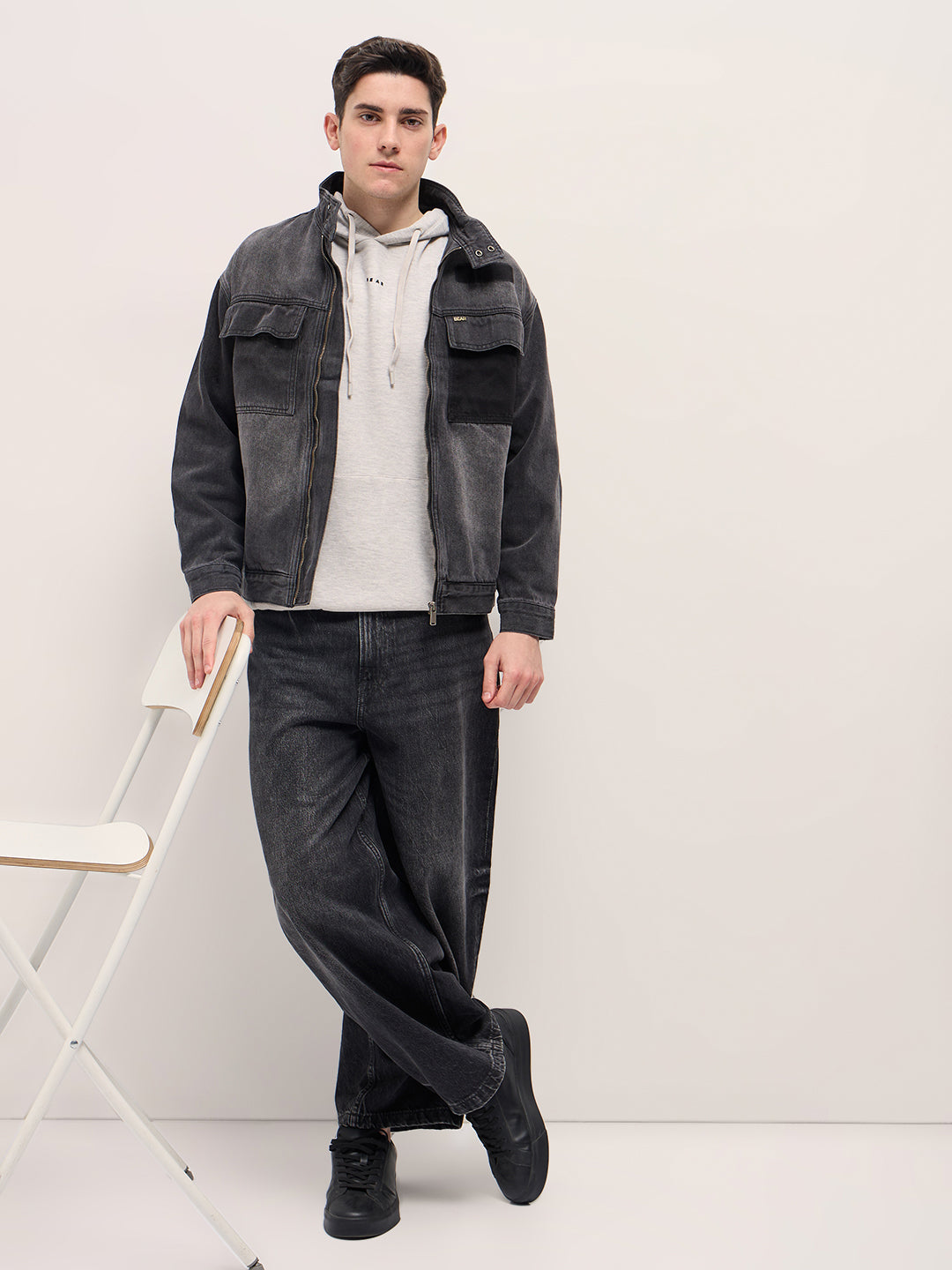 Charcoal Grey Denim Jacket with Mock Collar and Multiple Pockets