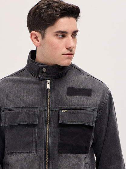 Charcoal Grey Denim Jacket with Mock Collar and Multiple Pockets