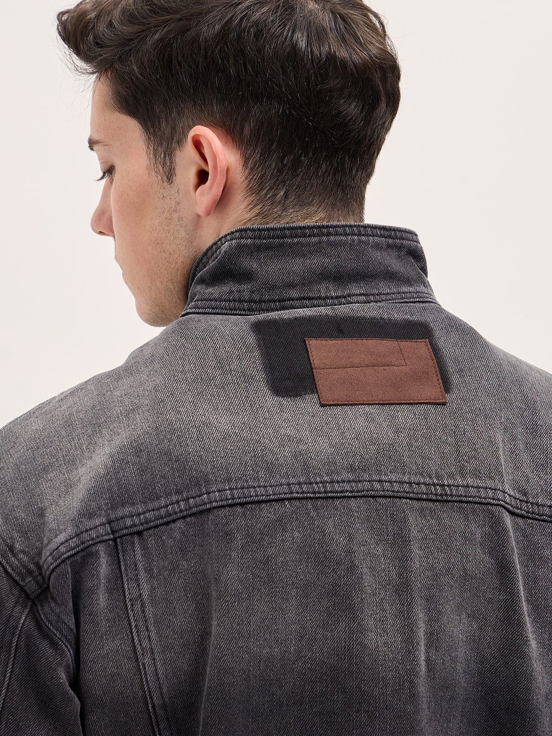 Charcoal Grey Denim Jacket with Mock Collar and Multiple Pockets