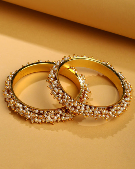 Set Of 2 Gold- Plated And White Pearls Studded Bangles