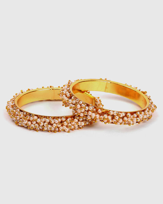 Set Of 2 Gold- Plated And White Pearls Studded Bangles