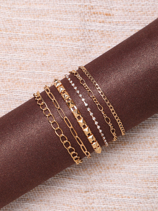 Set of 6 Gold-Plated Artificial Stone Studded Anklets