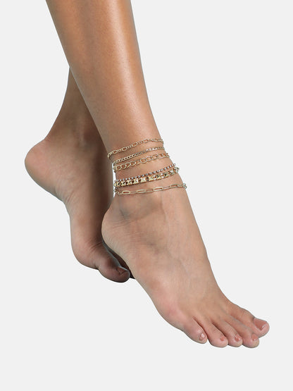 Set of 6 Gold-Plated Artificial Stone Studded Anklets