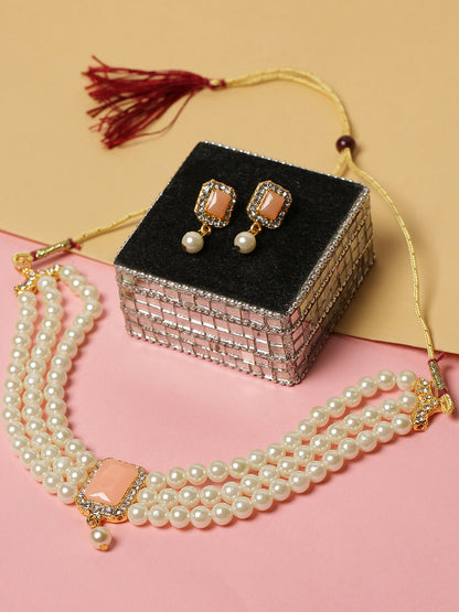 Peach Stone Pearl Choker Jewellery Set