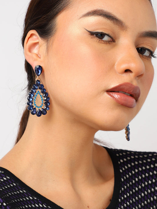 WOMEN GOLD PLATED BLUE STONES DROP EARRING