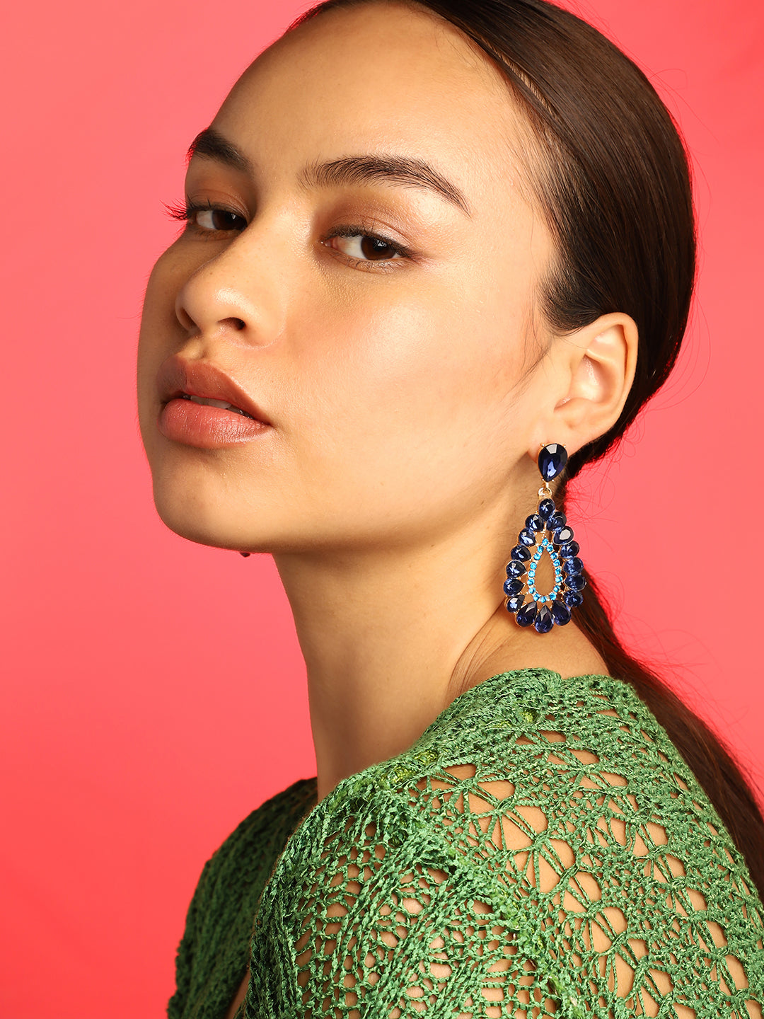 WOMEN GOLD PLATED BLUE STONES DROP EARRING