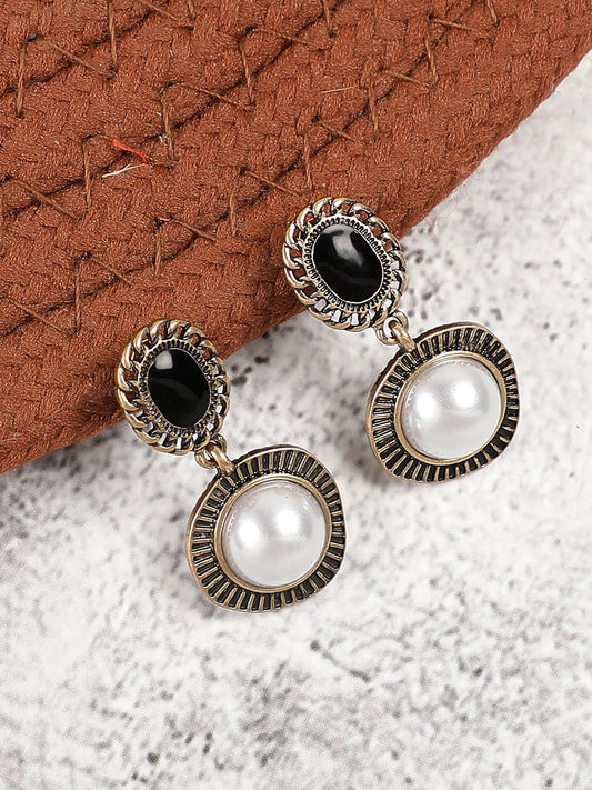 GOLD PLATED PARTY DESIGNER STONE AND PEARLS DROP EARRING FOR WOMEN