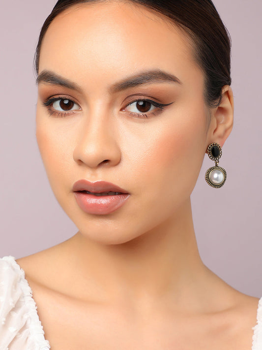 GOLD PLATED PARTY DESIGNER STONE AND PEARLS DROP EARRING FOR WOMEN