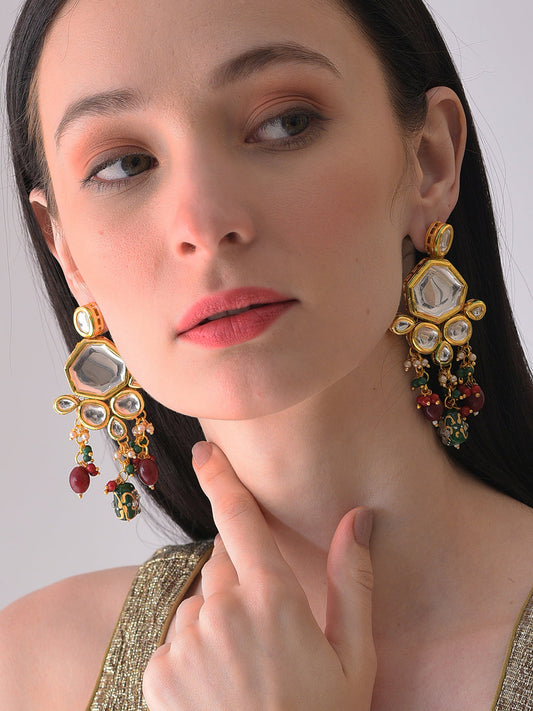 Gold Plated Kundan Beaded Drop Earring