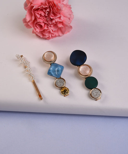 Pack of 3 Gold Plated Designer Stone Hair Pin