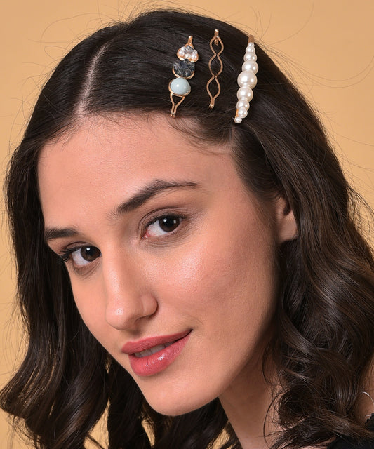 Pack of 3 Gold Plated Pearls Hair Pin