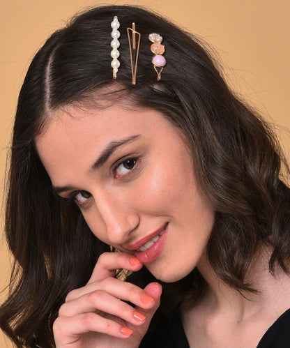Pack of 3 Gold Plated Pearls Hair Pin