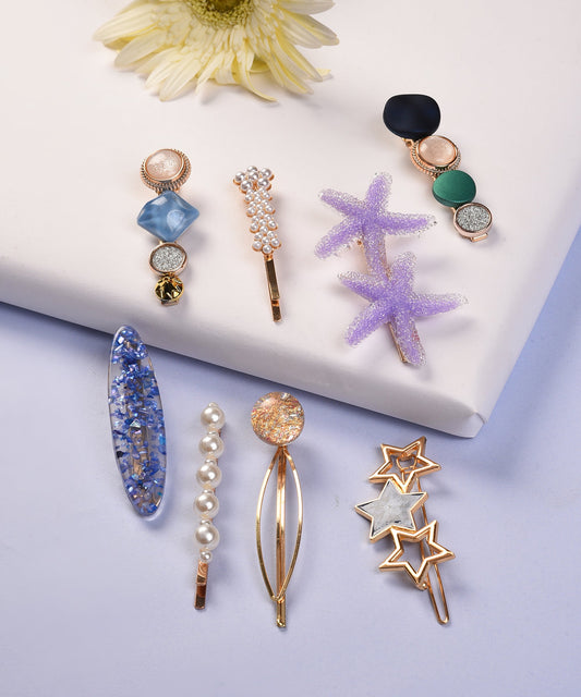 Pack of 7 Gold Plated Designer Stone Pearl Hair Pin