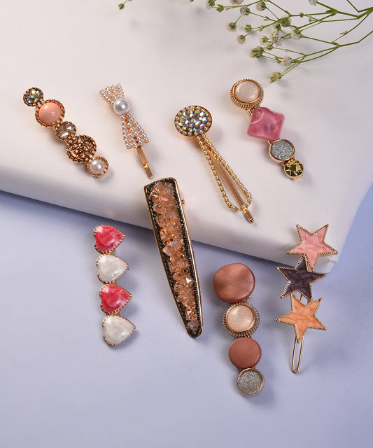Pack of 8 Gold Plated Designer Stone Pearl Hair Pin