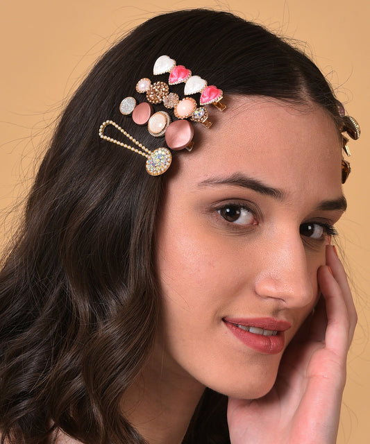 Pack of 8 Gold Plated Designer Stone Pearl Hair Pin