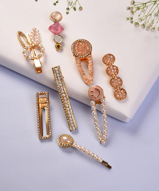 Pack of 8 Gold Plated Designer Stone Pearl Hair Pin