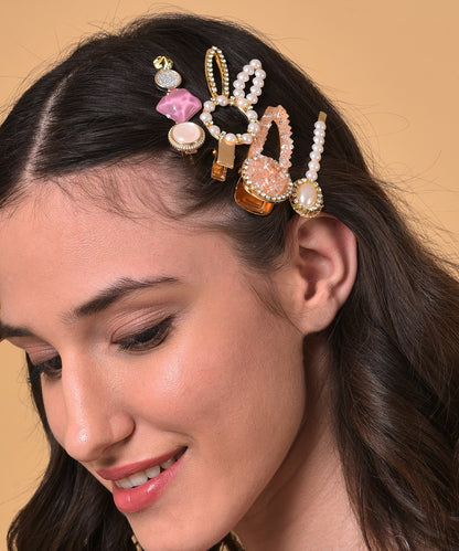 Pack of 8 Gold Plated Designer Stone Pearl Hair Pin