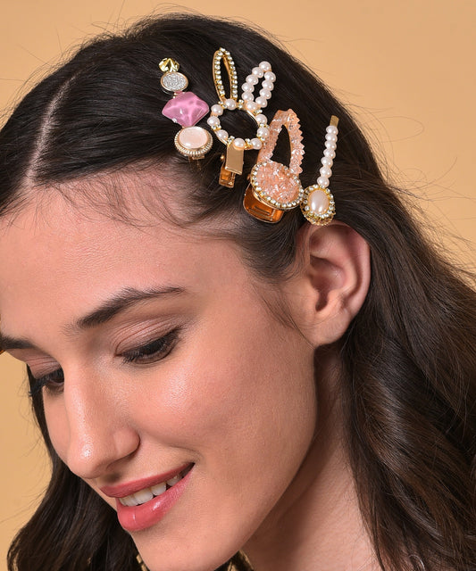 Pack of 8 Gold Plated Designer Stone Pearl Hair Pin