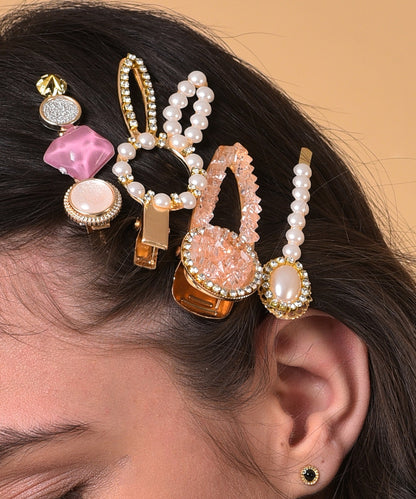 Pack of 8 Gold Plated Designer Stone Pearl Hair Pin