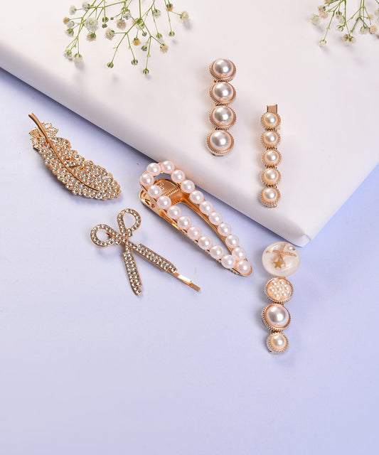 Pack of 6 Gold Plated Pearls Hair Pin