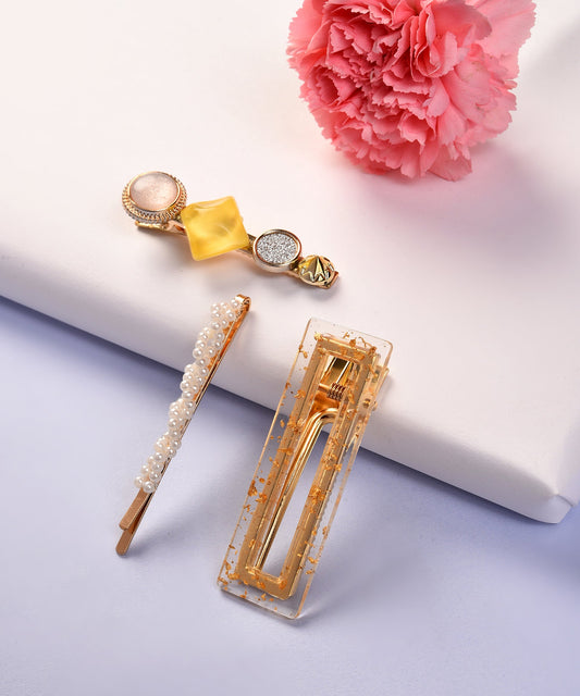 Pack of 3 Gold Plated Designer Stone Pearl Hair Pin