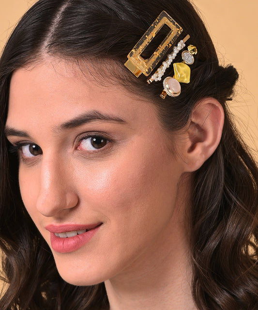 Pack of 3 Gold Plated Designer Stone Pearl Hair Pin