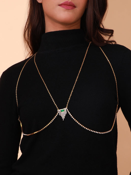 The Pendre Décolletage Body Chain - Emerald Green & Crystal Silver-SOHIBC6219
