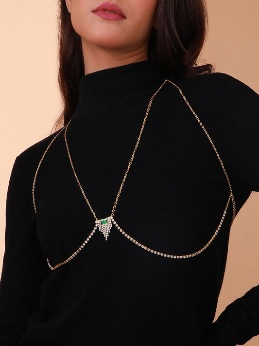 The Pendre Décolletage Body Chain - Emerald Green & Crystal Silver-SOHIBC6219