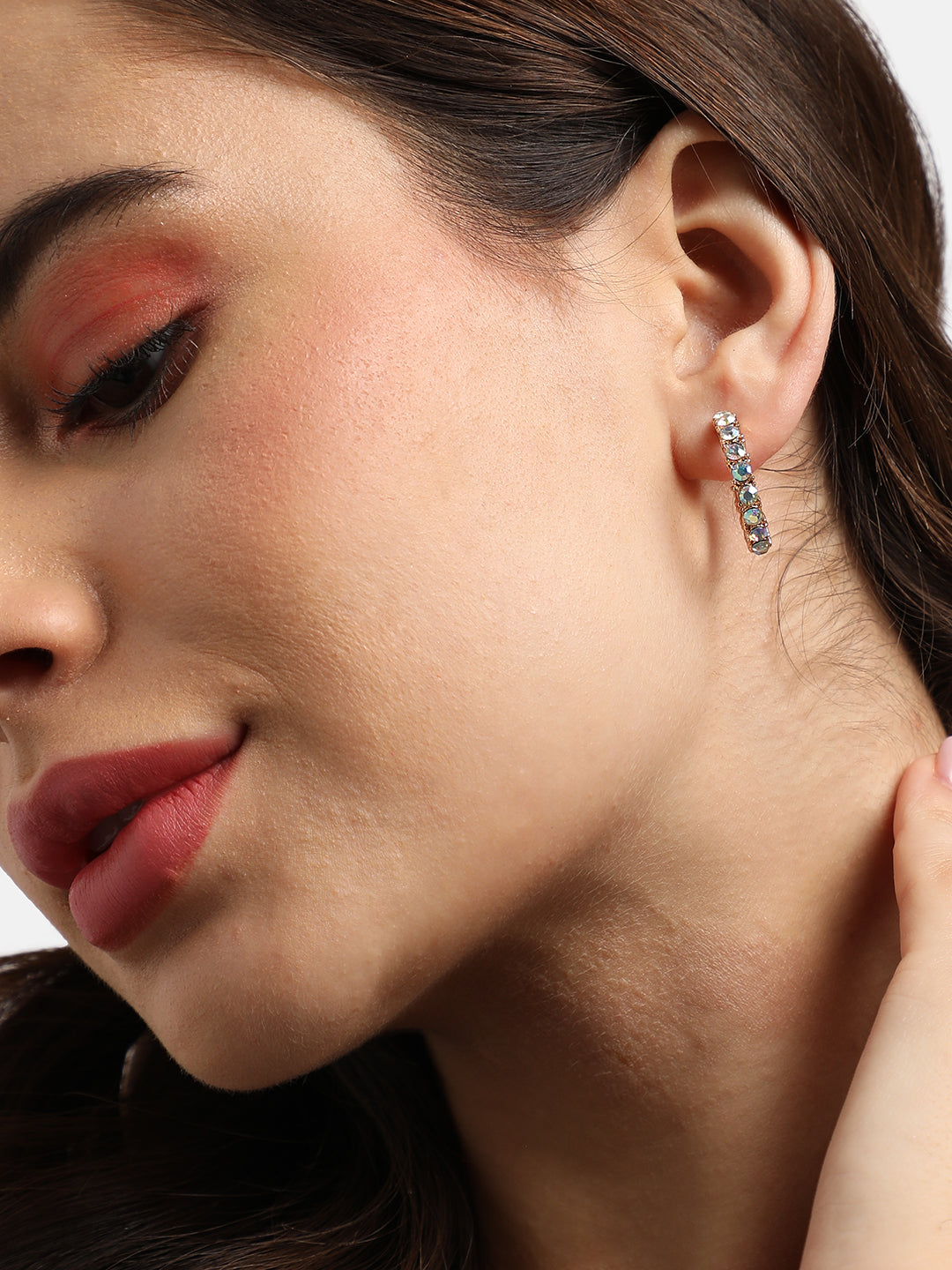 Gold-Plated Stone Studded Contemporary Half Hoop Earrings