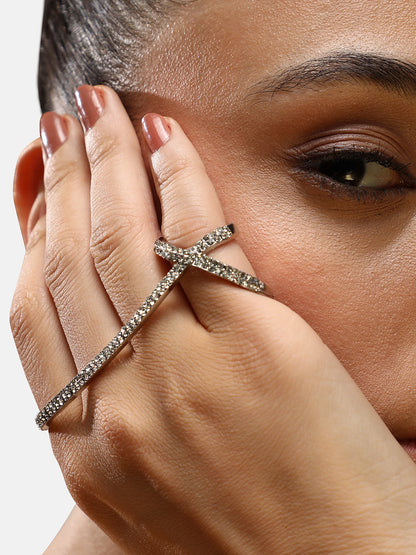 Silver-Plated Stone-Studded Twisted Finger Ring