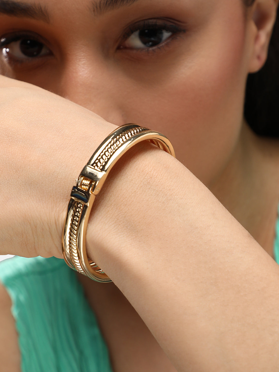 Gold-Plated Artificial Stones Studded Bangle-Style Bracelet