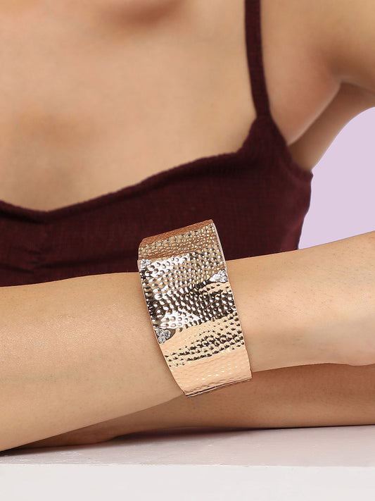 Gold-Plated Stones Studded Dented Cuff Bracelet