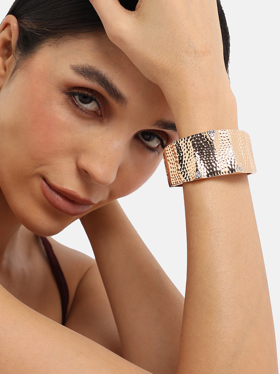 Gold-Plated Stones Studded Dented Cuff Bracelet
