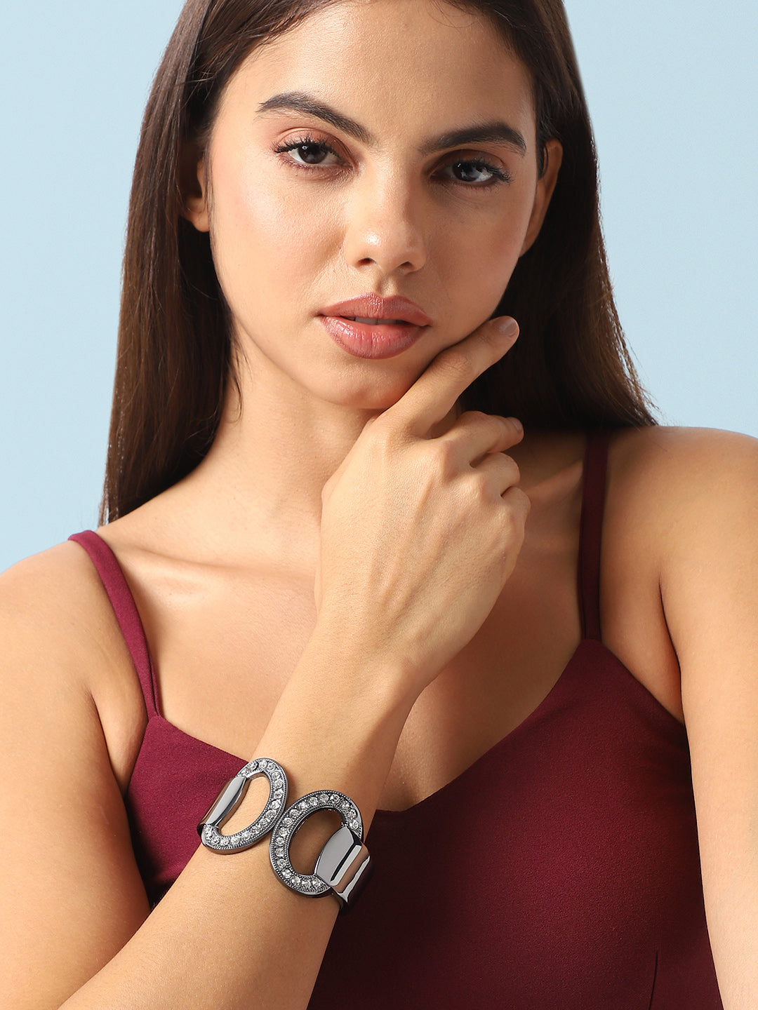 Silver-Plated Stones Studded Circular Cuff Bracelet
