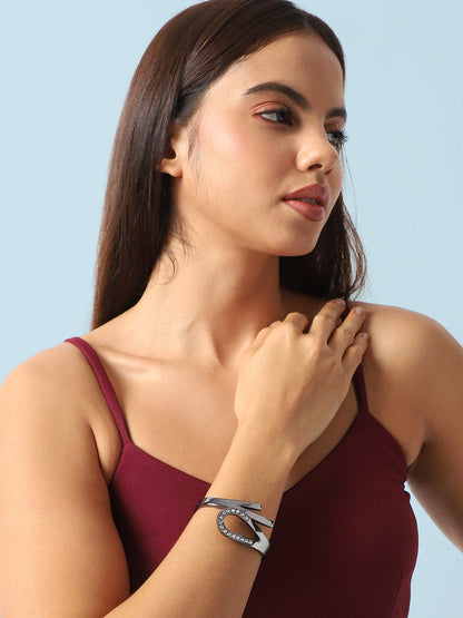 Silver-Plated Stones Studded Bow Cuff Bracelet
