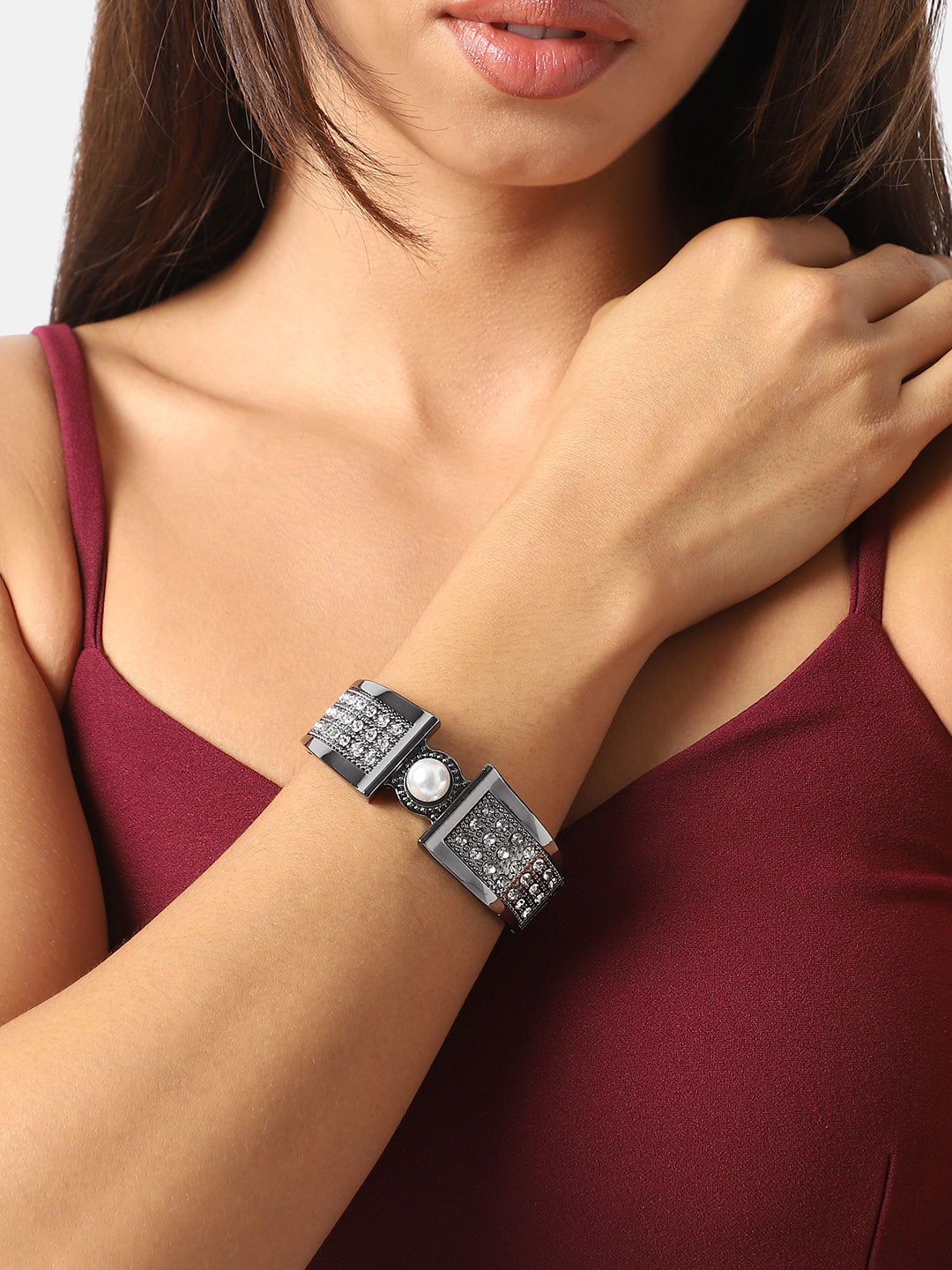 Silver Plated Pearl Drop Cuff Bracelet