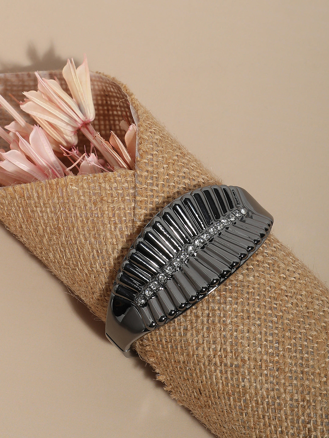 Silver-Plated Stones Studded Leaflet Cuff Bracelet