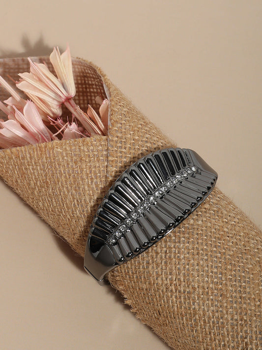 Silver-Plated Stones Studded Leaflet Cuff Bracelet