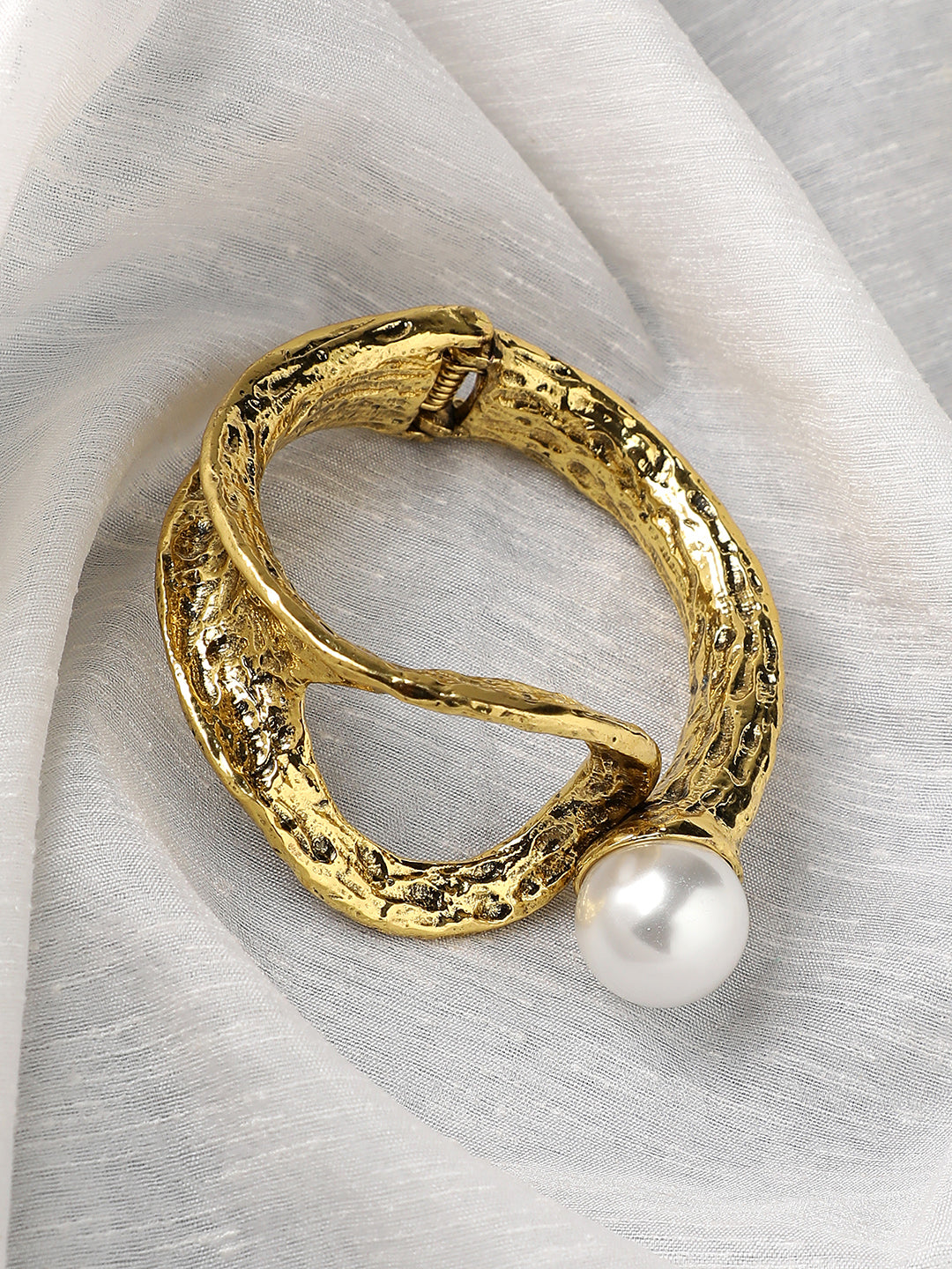 Silver-Plated Pearls Beaded Dented Cuff Bracelet
